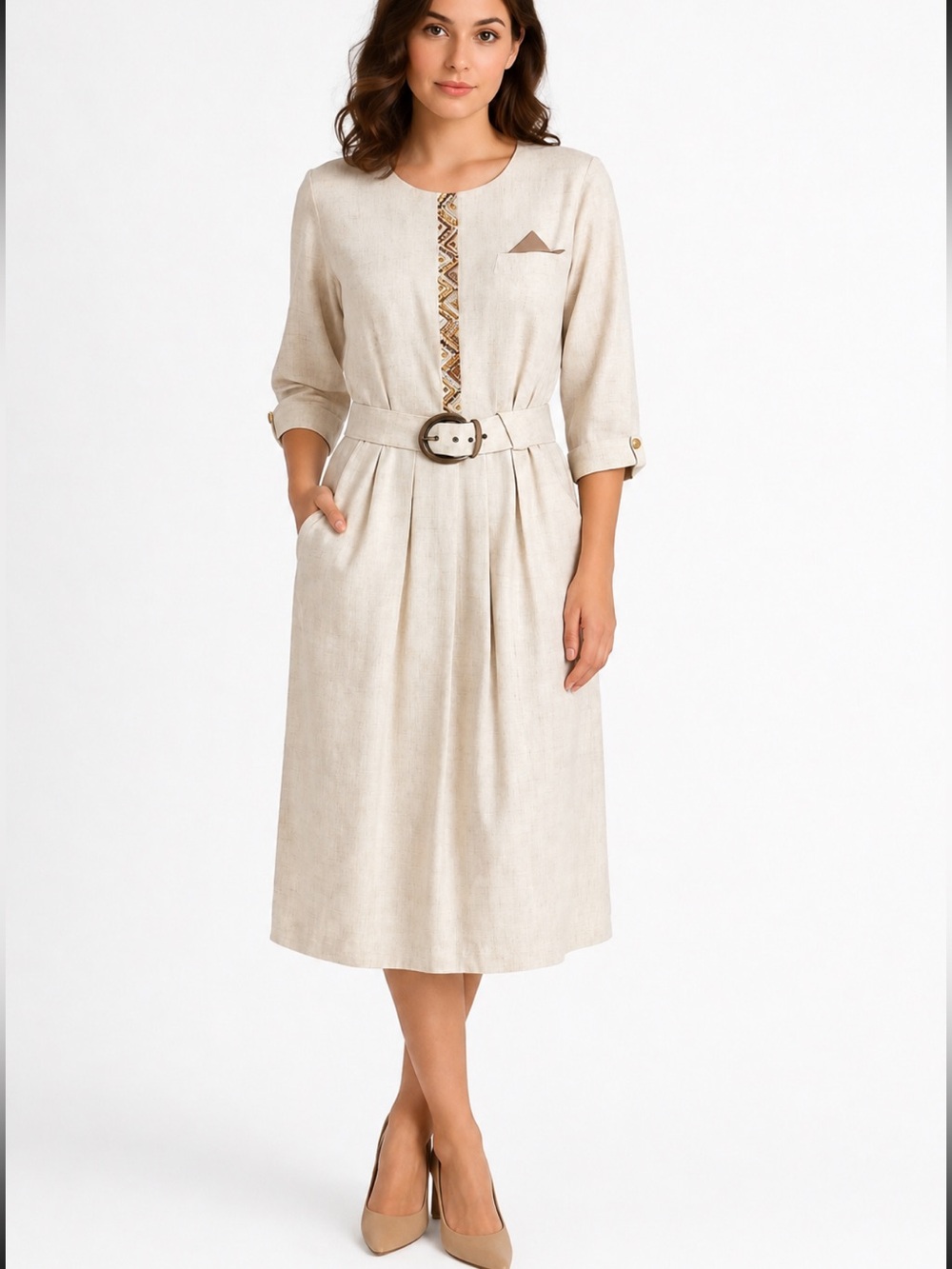 VTG  Positive Influence Beige Linen Blend Midi Dress Embroidered Trim Pockets